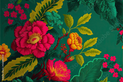 Colourful floral pattern, tropical, Generative AI
