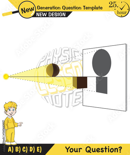 Physics, shadow experiments, optics, shadow formation with light sources from different angles, for teachers, editable, next generation question template, eps