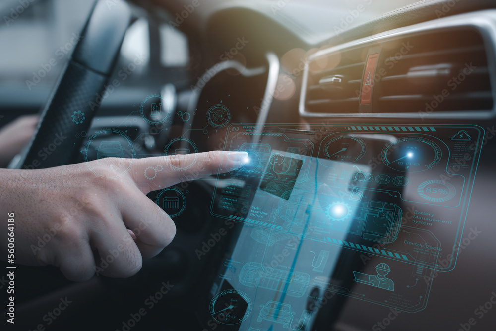 Fototapeta premium graphic user interface and a futuristic car (GUI). intelligent vehicle connected vehicle The Internet of Things the head-up display (HUD).