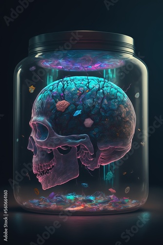 Laboratory experiment of human brain and alien mutagen combination in glass jar; bizarre living and sentient new life form evolving - Generative AI illustration.  photo