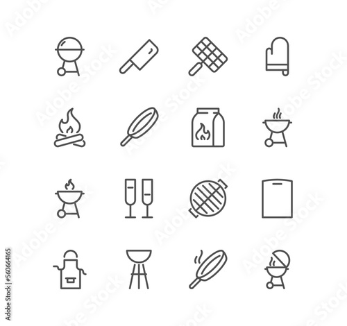 Set of grill and related icons, charcoal, bonfire, grill utensils and linear variety vectors.