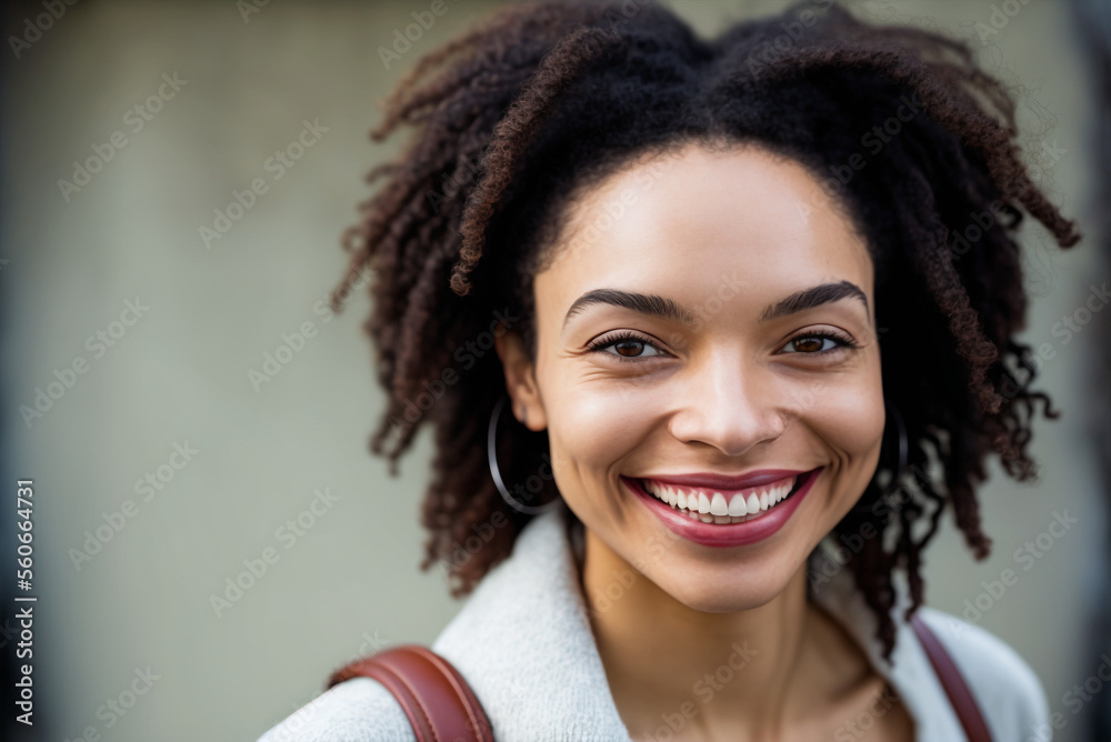 Generative ai smiling mixed race curly hair young woman having fun serene and confident outdoors Generative ai smiling mixed race curly hair young woman having fun serene and confident outdoors