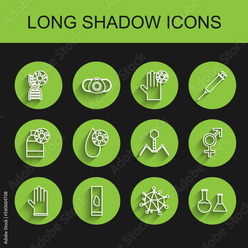 Set line Medical rubber gloves, Blood test and virus, DNA symbol, Virus, Test tube flask, Gender and Bacteria bacteriophage icon. Vector