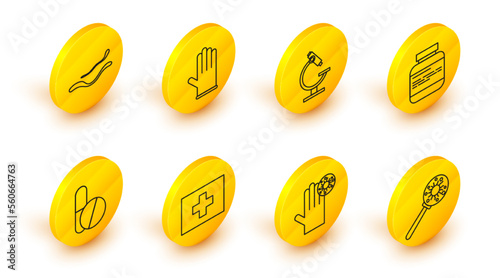 Set line Virus under magnifying glass, Hand with virus, First aid kit, Medicine pill or tablet, bottle pills, Microscope, Medical rubber gloves and Ebola disease icon. Vector