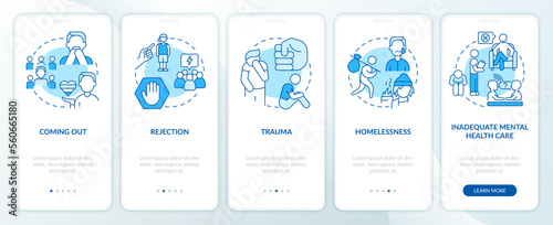 LGBTQI mental health risk factors blue onboarding mobile app screen. Walkthrough 5 steps editable graphic instructions with linear concepts. UI, UX, GUI template. Myriad Pro-Bold, Regular fonts used