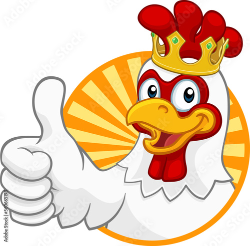 Photo A chicken rooster cockerel bird cartoon character in a kings gold crown giving a