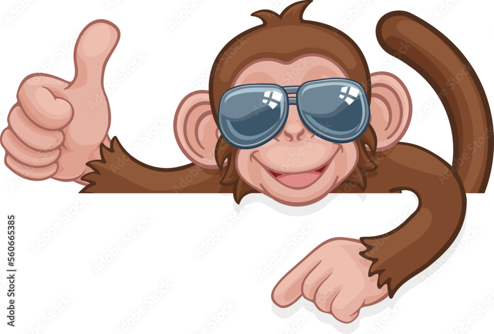 A monkey cool cartoon character animal wearing sunglasses peeking over a sign, giving a thumbs up and pointing.