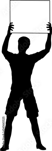 Protestor or demonstrator at a demonstration march, picket line or strike protest rally in silhouette. Holding up a banner or picket sign board placard.