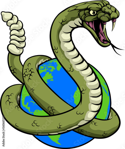 A rattlesnake snake wrapped around a world earth globe concept