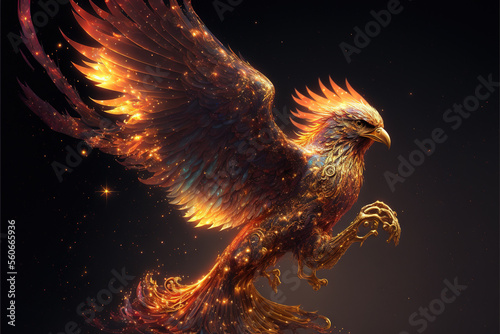 beautiful phoenix on fire on a black background AI © Terablete