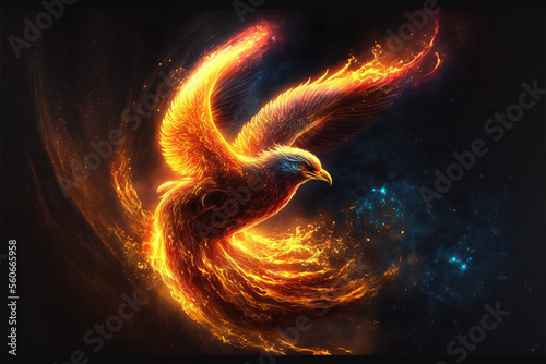  beautiful phoenix on fire on a black background AI