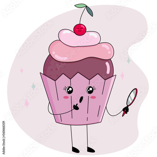 the cute isolated kawaii little pink cake with the mirror and with the cherry on the head