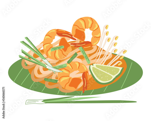 Thai dish pad thai noodles on a white background. Asian food. Vector illustration for restaurants, menus, decor