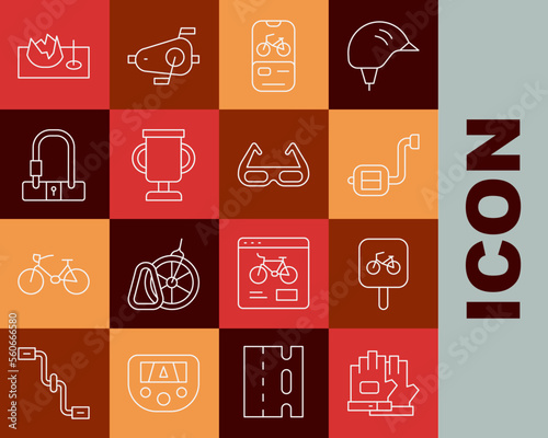 Set line Gloves, Bicycle parking, pedal, rental mobile app, Award cup with bicycle, lock, on street ramp and Sport cycling sunglasses icon. Vector
