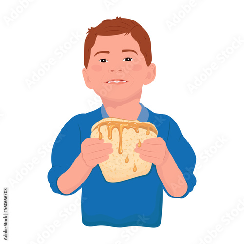 National Peanut Butter Lover’s Day. Pleased child with a peanut butter sandwich. Child having meal, lunch Template for social networks. Flat vector illustration isolated on white background.