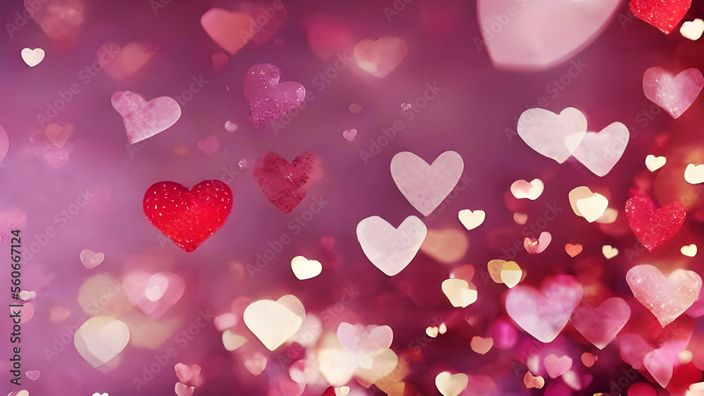 Heart Background. Bokeh Hearts. Valentine's day background banner, abstract panorama background with pink, red and golden hearts. Concept - love, romance, friendship, mindfulness.