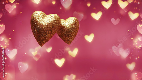 Beautiful, sparkly golden hearts on a red bokeh background, perfect for Valentine's Day. Love, romance, friendship, Mother's Day concept. Wallpaper, backdrop, copy space .