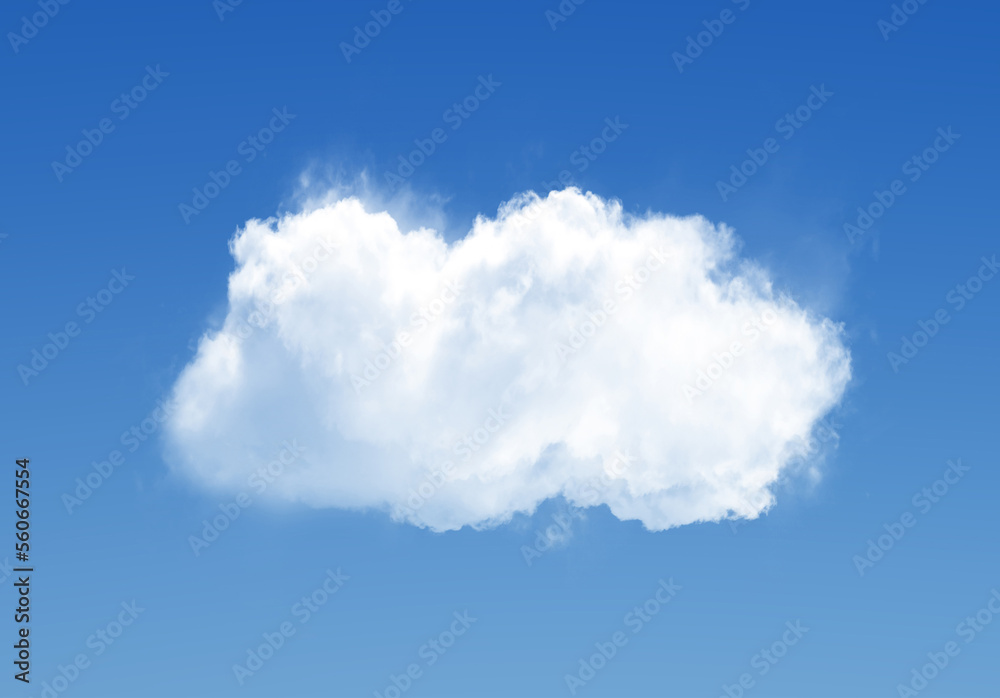 Fototapeta premium Single cloud isolated over blue sky background. White fluffy cloud photo, beautiful cloud shape. Climate concept