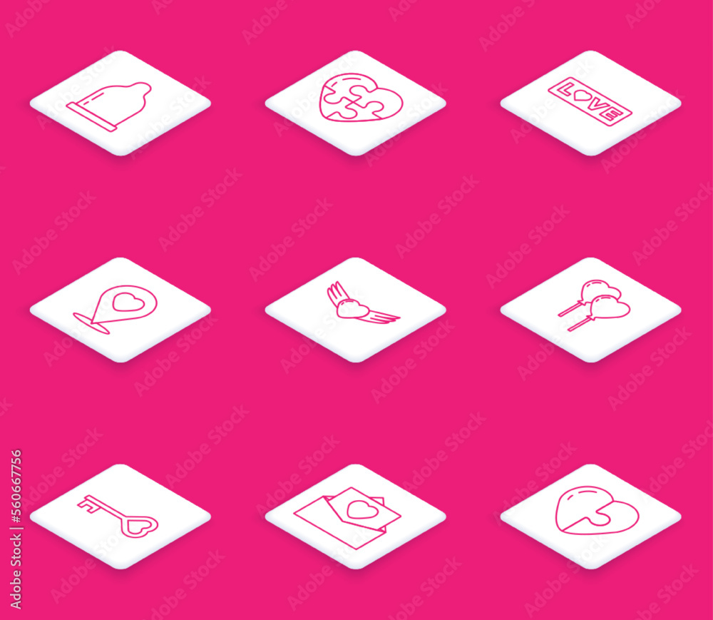 Set line Condom, Heart, Love text, Location with heart, wings, Balloons form of, Key shape and Envelope Valentine icon. Vector Set line Condom, Heart, Love text, Location with heart, wings, Balloons form of, Key shape and Envelope Valentine icon. Vector