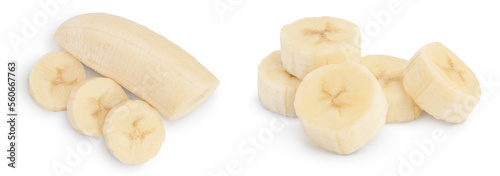 peeled banana isolated on white background with full depth of field. Top view. Flat lay.