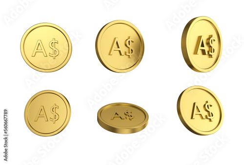 3d illustration Set of gold australian dollar coin in different angels