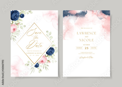 Watercolor wedding invitation template set with navy pink floral and leaves decoration