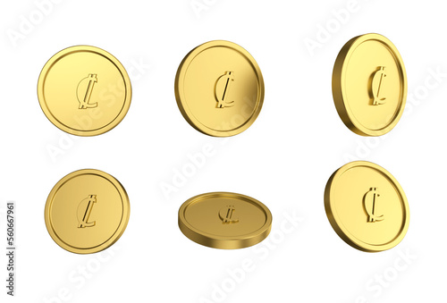 3d illustration Set of gold Costa Rican colón coin in different angels