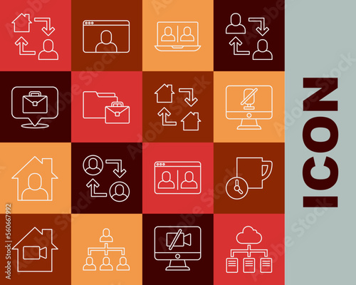 Set line Online working, Time management, Mute microphone on computer, Video chat conference, and icon. Vector