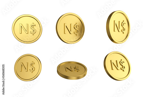 3d illustration Set of gold Namibian dollar coin in different angels