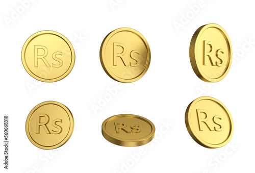 3d illustration Set of gold Nepalese rupee coin in different angels