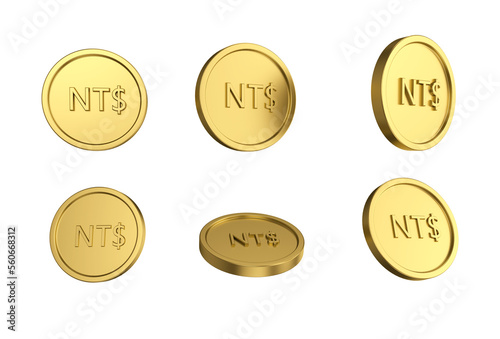 3d illustration Set of gold New Taiwan dollar coin in different angels