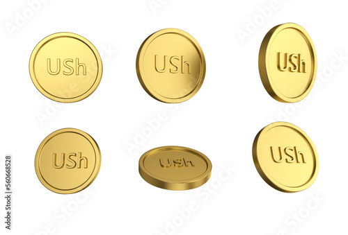 3d illustration Set of gold Ugandan shilling coin in different angels