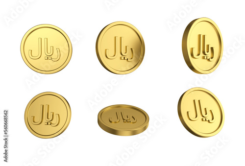 3d illustration Set of gold Yemeni rial coin in different angels