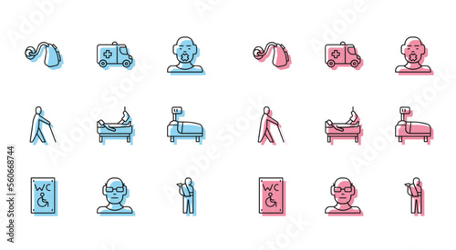 Set line Separated toilet for disabled, Poor eyesight, Hearing aid, Human broken arm, Patient with leg, Hospital bed, Blind human holding stick and Emergency car icon. Vector