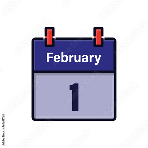 February 1, Calendar icon. Day, month. Meeting appointment time. Event schedule date. Flat vector illustration.