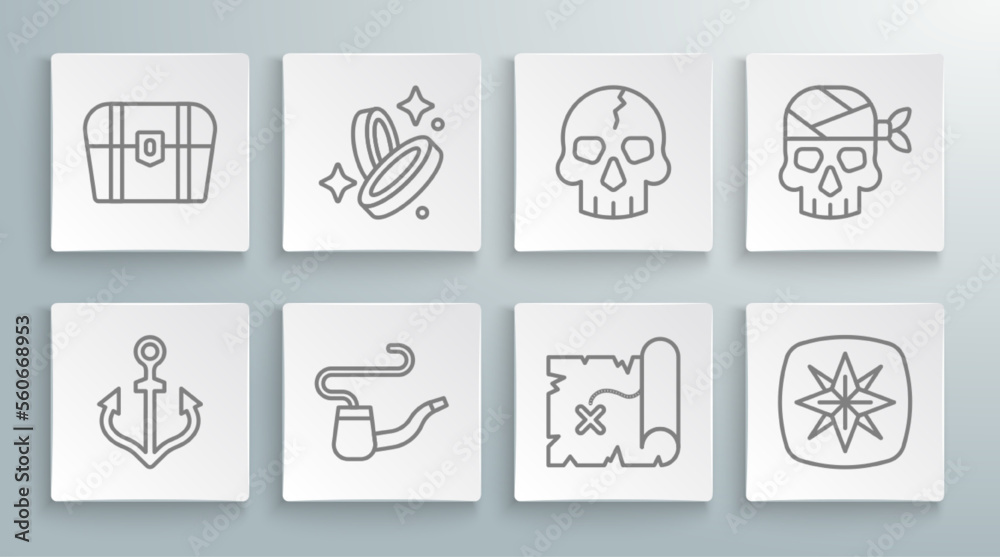 Set line Anchor, Pirate coin, Smoking pipe, treasure map, Wind rose, Skull, captain and Antique chest icon. Vector