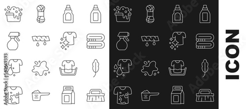 Set line Brush for cleaning, Feather, Towel stack, Bottle agent, Squeeze clothes, Water spray bottle, Basin with soap suds and Drying icon. Vector