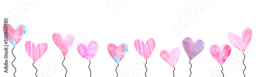 Long horizontal banner with balloons hearts. Bright, festive, cheerful summer, spring background for birthday, Valentine's day, congratulations, declarations of love