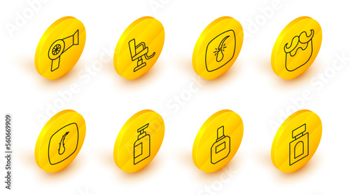 Set line Aftershave, Bottle of shampoo, Human hair follicle, Mustache and beard, Broken, Barbershop chair and Hair dryer icon. Vector