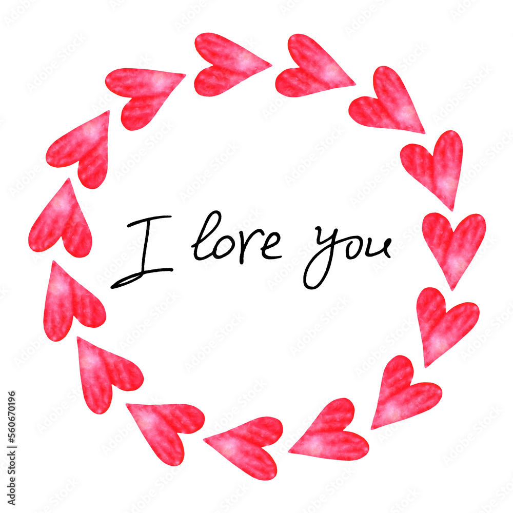I love you - lettering in frame of red watercolor hearts. Title, border, background template for Valentine's Day, greeting cards, declarations of feelings, web I love you - lettering in frame of red watercolor hearts. Title, border, background template for Valentine's Day, greeting cards, declarations of feelings, web