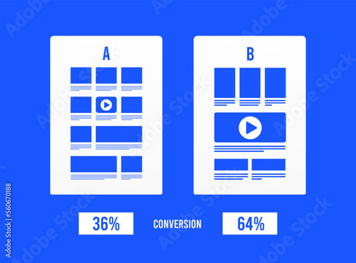 AB testing concept illustration. Split test conversion comparison. A-B websites with a different web development UI interface on the screen and conversion percent. Flat vector illustration