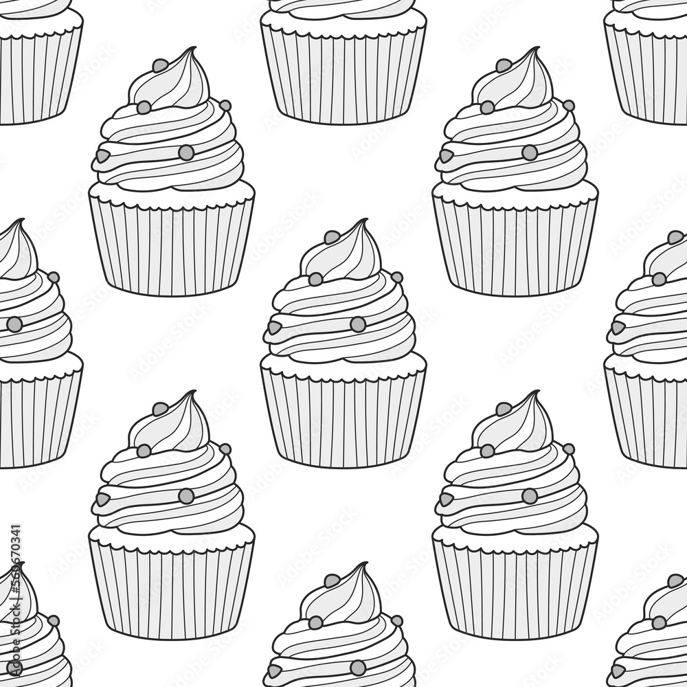 Muffins pattern, black lines, on a white background, vector