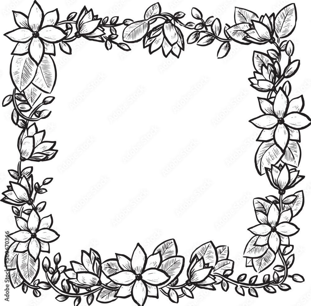 Floral frame ink illustration. Decorative flowers and leaves vector drawing. Nature artwork. 