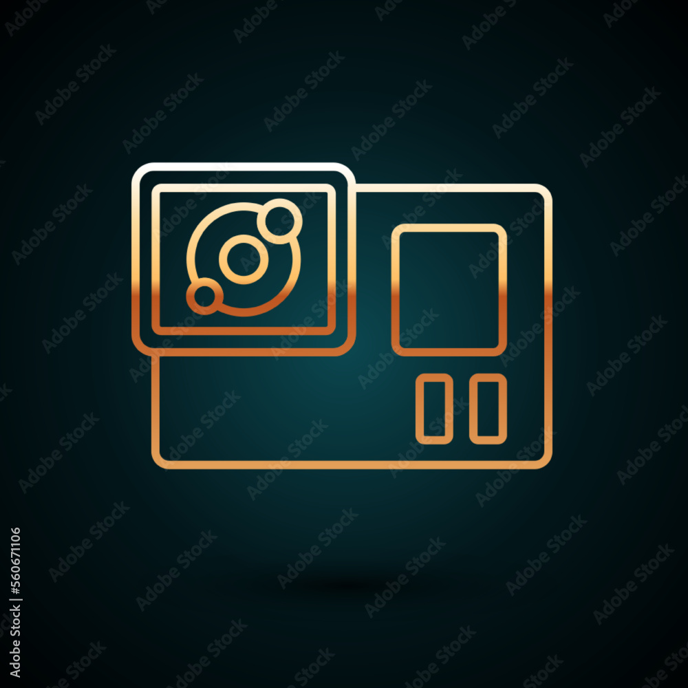 Gold line Action extreme camera icon isolated on dark blue background. Video camera equipment for filming extreme sports. Vector Gold line Action extreme camera icon isolated on dark blue background. Video camera equipment for filming extreme sports. Vector