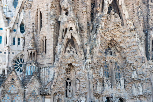 Architectural detail of Nativity facade with sculptures of Sagrada Familia in Barcelona, Spain