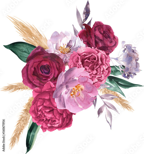 Watercolor floral arrangement. Hand painted botanical illustration with magenta flowers