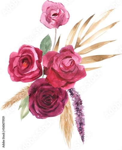 Watercolor floral arrangement. Hand painted botanical illustration with magenta flowers