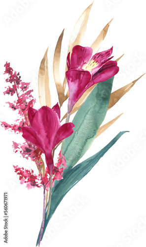 Watercolor floral arrangement. Hand painted botanical illustration with magenta flowers