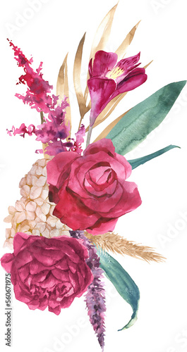 Watercolor floral arrangement. Hand painted botanical illustration with magenta flowers