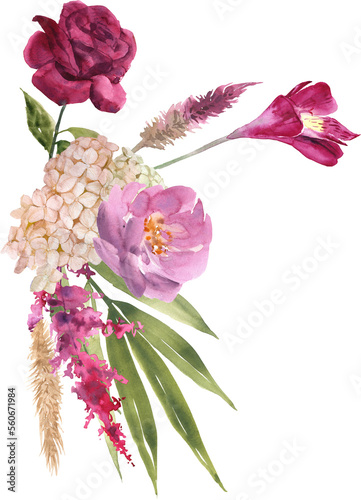 Watercolor floral arrangement. Hand painted botanical illustration with magenta flowers